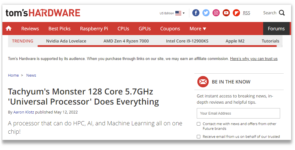 Tom's Hardware: Tachyum's Monster 128 Core 5.7GHz 'Universal Processor' Does Everything